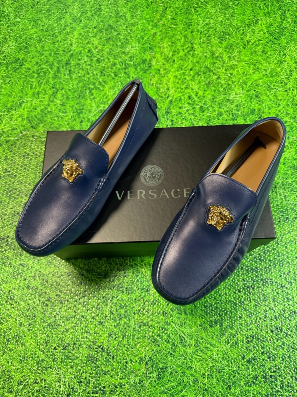 Versace Blue Calfskin Leather Medusa Head Moccasins Size 9 EU 42 New With Box
